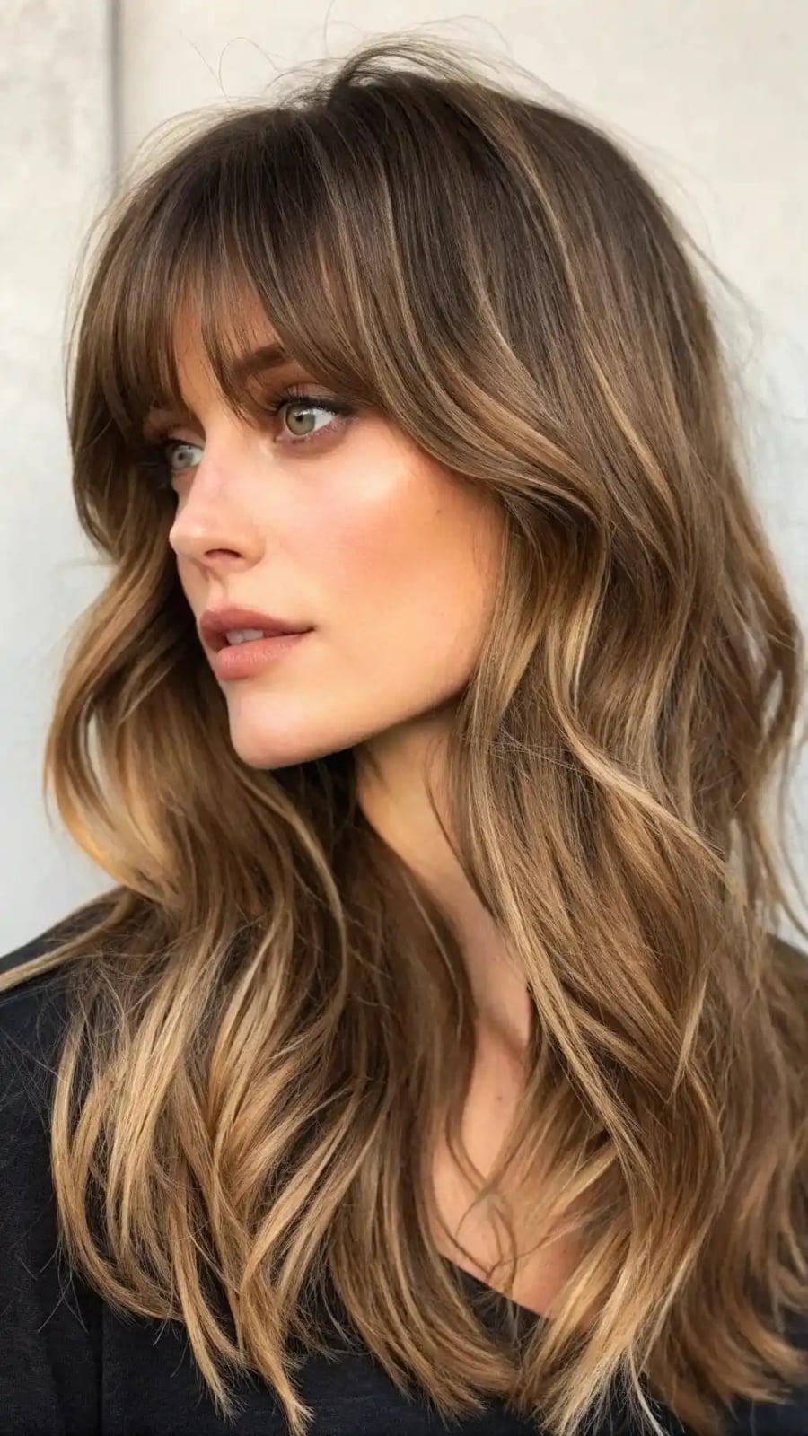 Collarbone Warm Brown Shag With Blonde Balayage Collarbone Warm Brown Shag With Blonde Balayage — Shag with Curtain Bangs
