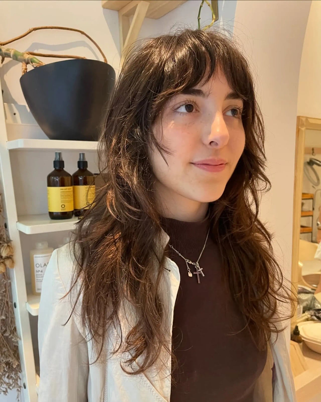 Collarbone Dark Brown Shag Air-Dried Texture Side View Collarbone Dark Brown Shag Air-Dried Texture Side View — Shag with Curtain Bangs