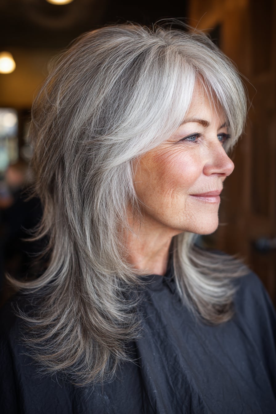Mid-Back Silver Gray Shag With Side Swept Bangs Mid-Back Silver Gray Shag With Side Swept Bangs — Shag with Curtain Bangs
