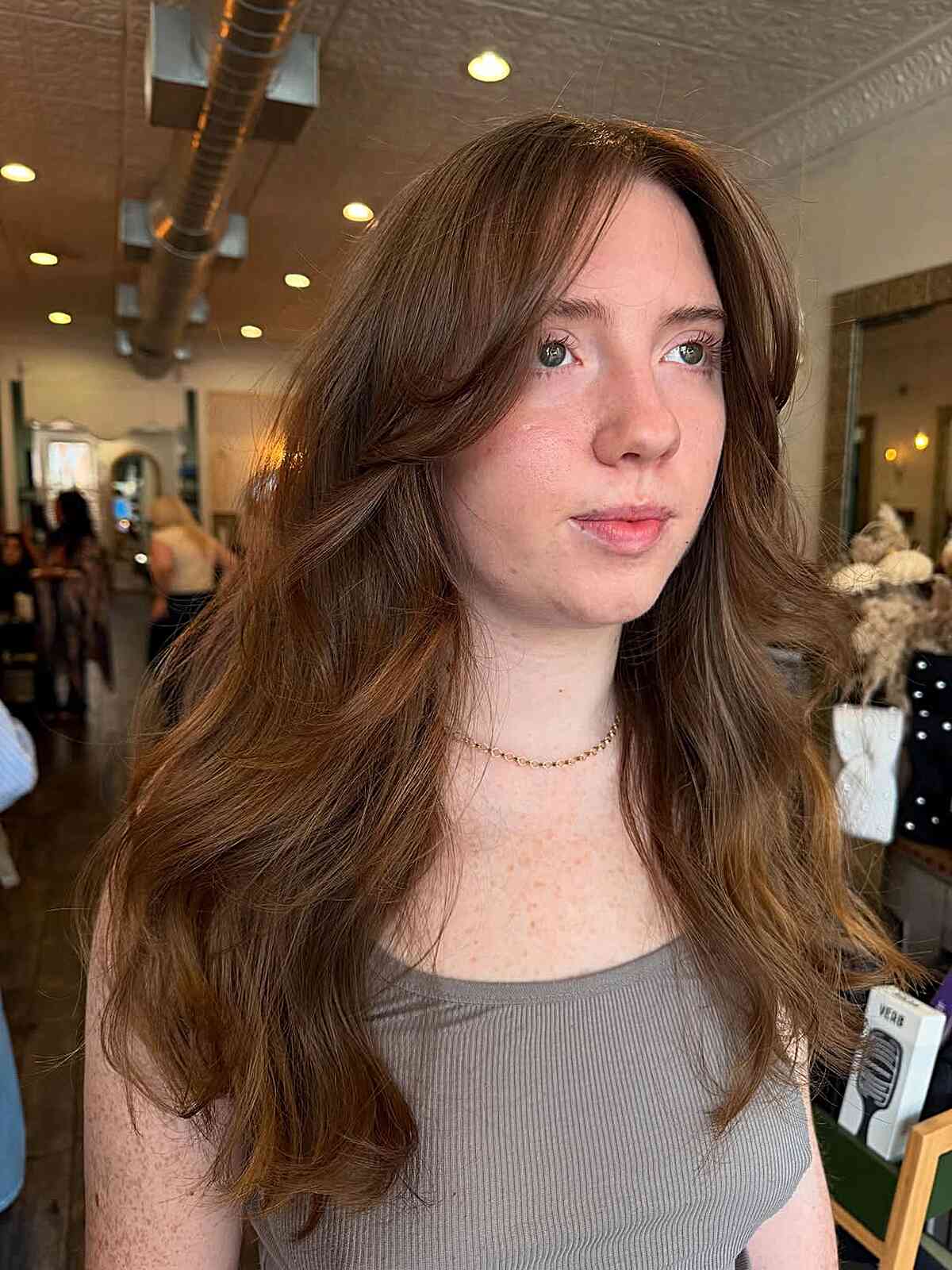 Mid-Back Medium Brown Shag With Auburn Highlights Mid-Back Medium Brown Shag With Auburn Highlights — Shag with Curtain Bangs