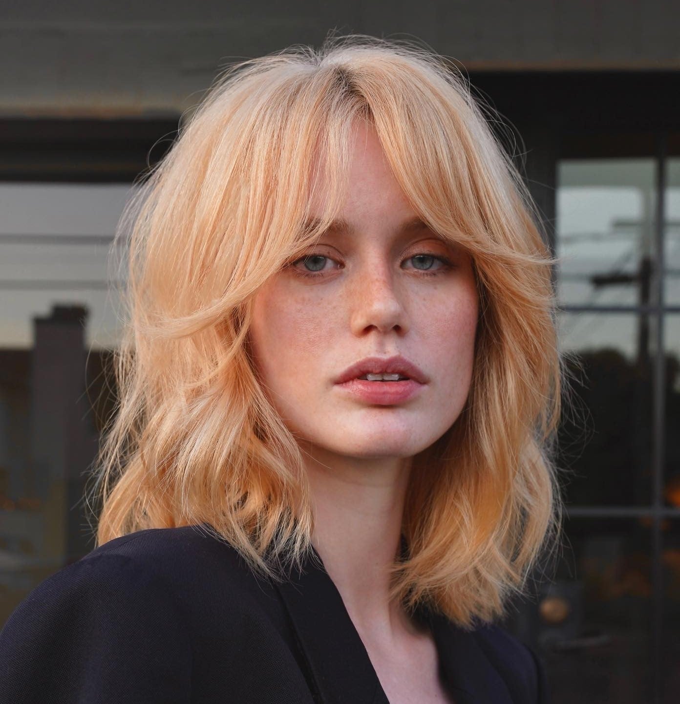 Shoulder Length Peachy Blonde Shag Shoulder Length Peachy Blonde Shag — Shag with Curtain Bangs