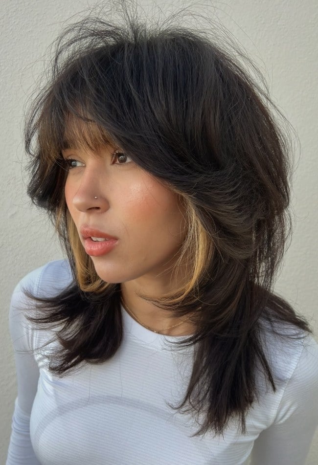 Shoulder Length Wolf Shag With Blonde Highlights Shoulder Length Wolf Shag With Blonde Highlights — Shag with Curtain Bangs