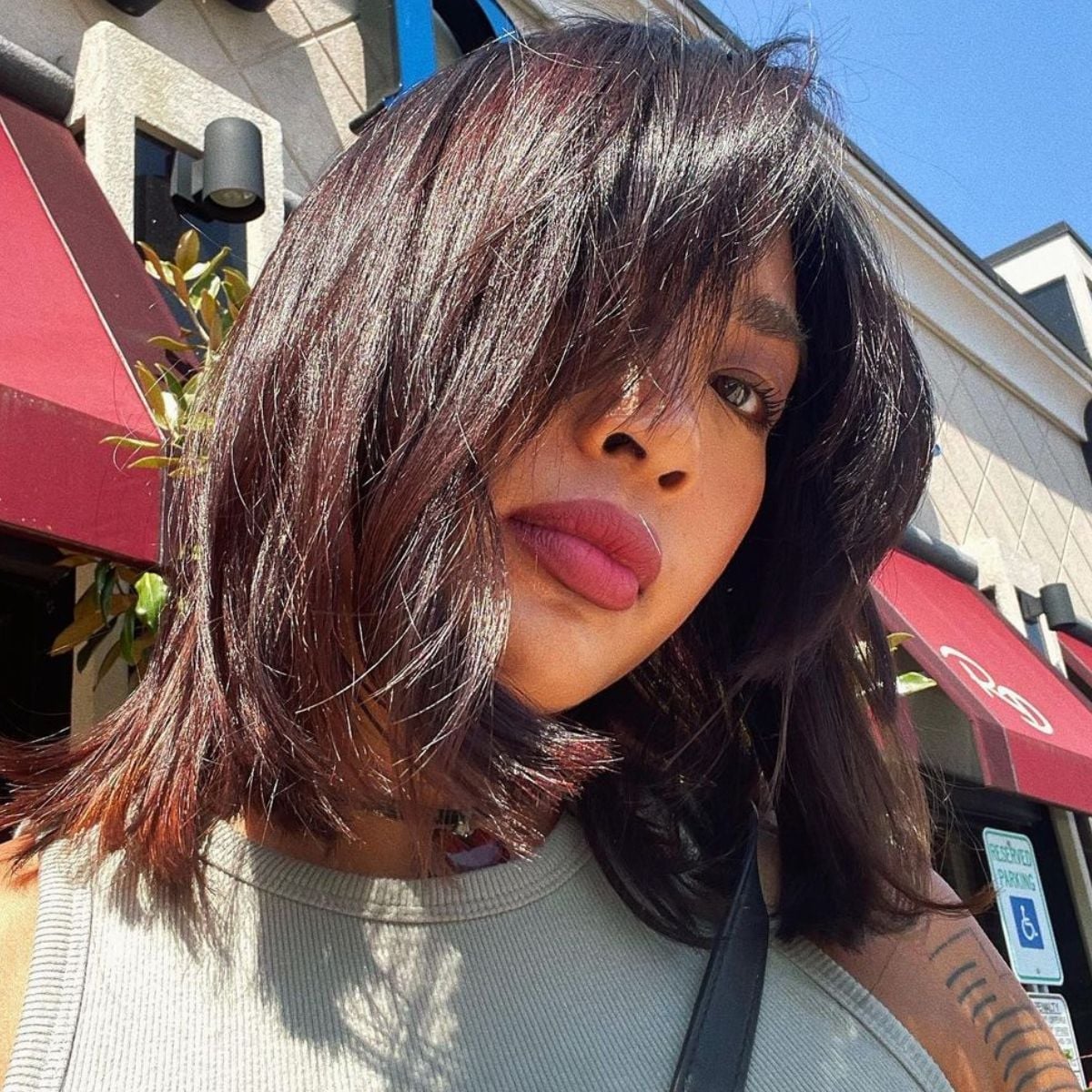 Dark Brown Shaggy Bob With Blunt Bangs, Chin Dark Brown Shaggy Bob With Blunt Bangs, Chin