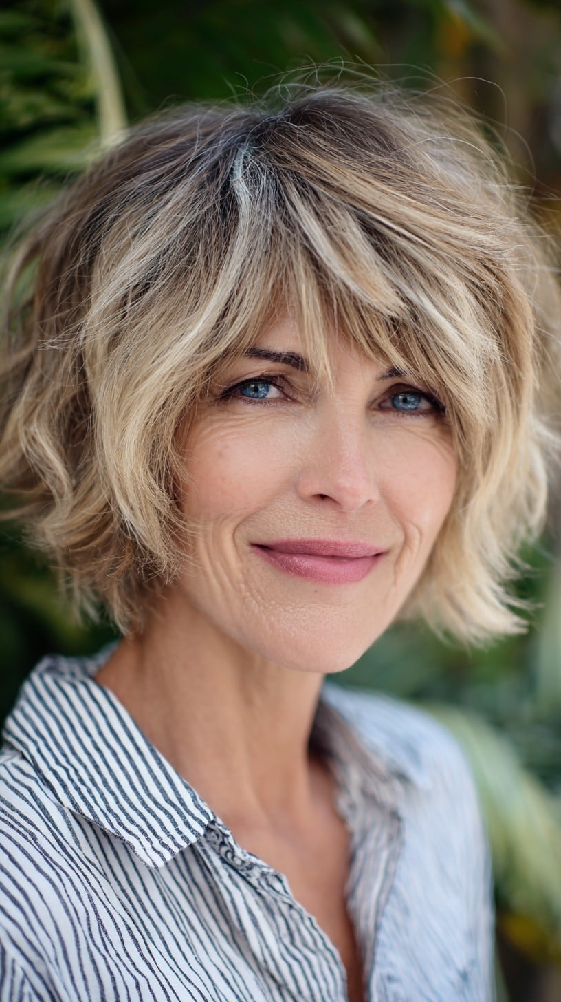 Chin Length Blonde Shaggy Bob With Wispy Bangs, Wavy Chin Length Blonde Shaggy Bob With Wispy Bangs, Wavy