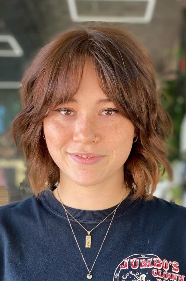 Medium Brown Shaggy Bob With Curtain Bangs, Collarbone Medium Brown Shaggy Bob With Curtain Bangs, Collarbone