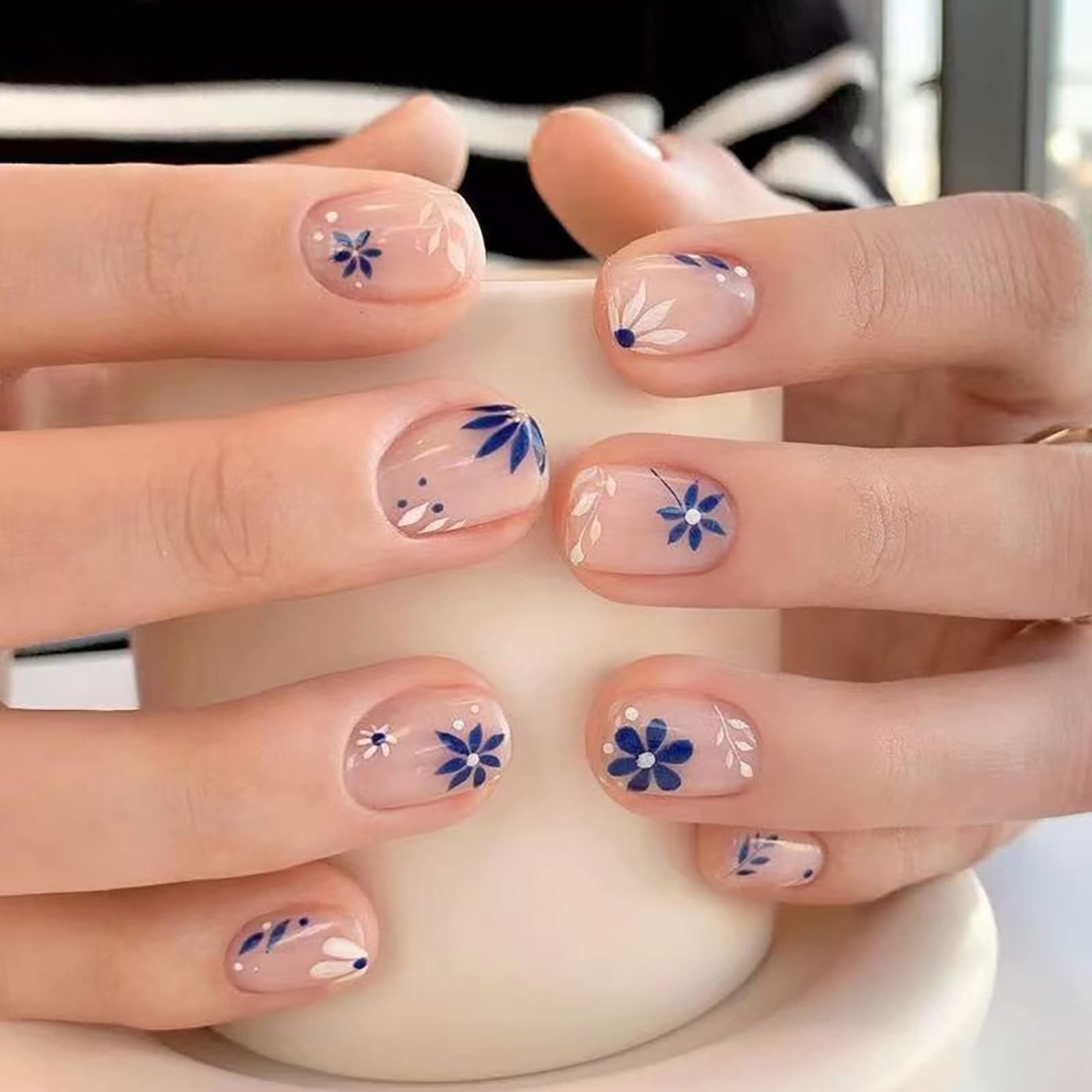 Blue Floral and Dot Art Short Almond Nails Blue Floral and Dot Art Short Almond Nails — Short Acrylic Nails