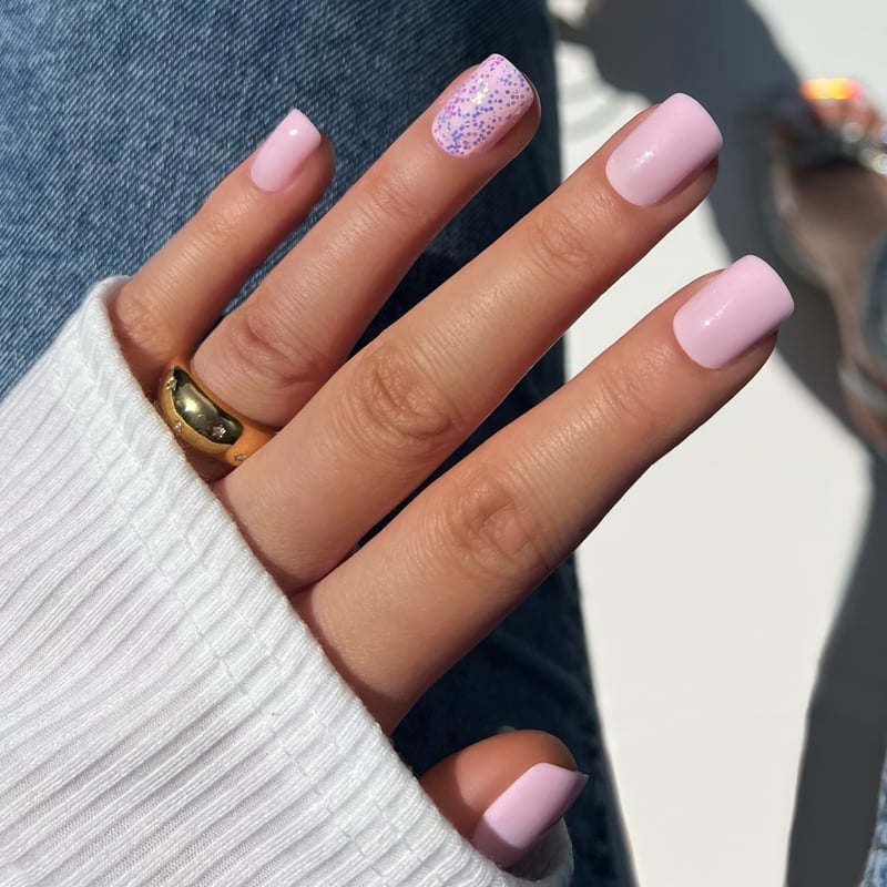 Glitter Accent Pastel Pink Soft Square Nails Glitter Accent Pastel Pink Soft Square Nails — Short Acrylic Nails