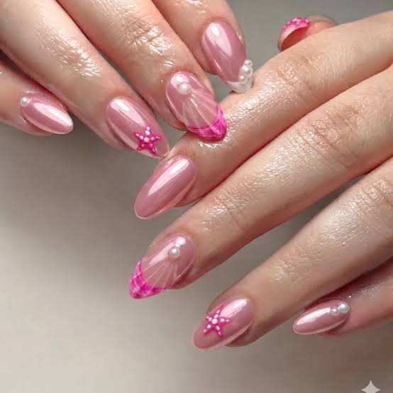 Rose Gold Plaid French Pearl Star Short Almond Nails Rose Gold Plaid French Pearl Star Short Almond Nails — Short Acrylic Nails