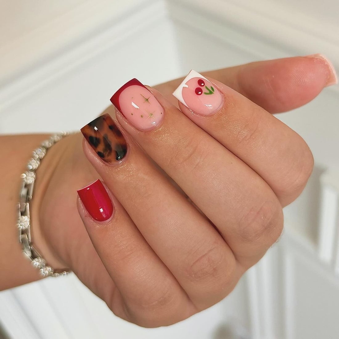 Cherry Leopard Red French Short Square Nails Cherry Leopard Red French Short Square Nails — Short Acrylic Nails