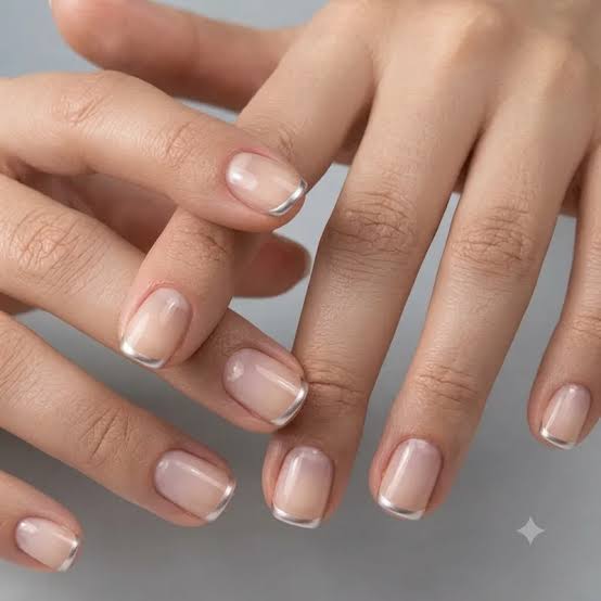 Metallic Silver Line Short Oval Nails Metallic Silver Line Short Oval Nails — Short Acrylic Nails