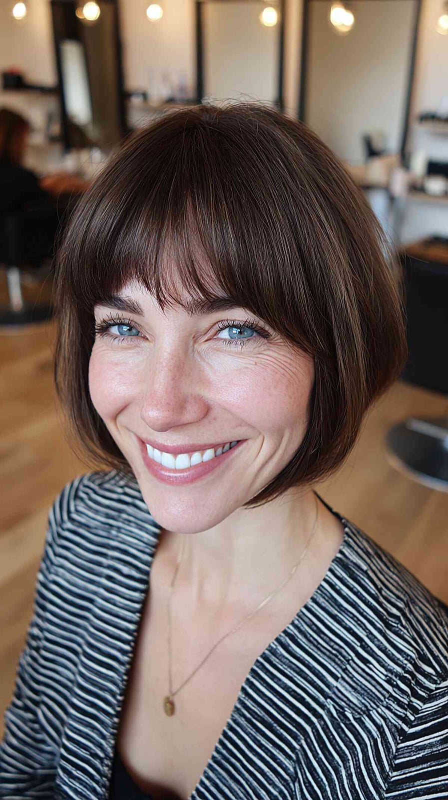Medium Brown Blunt Bob Full Curtain Bangs — Short Bob