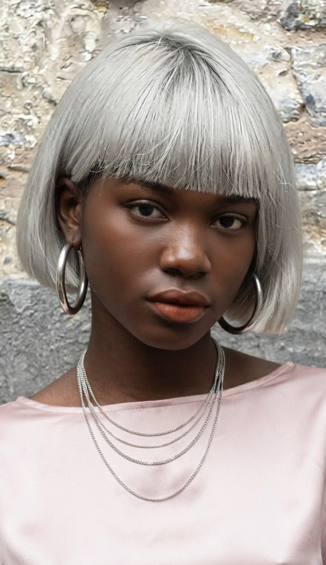 Silver Blunt Bob With Blunt Bangs Ear Length — Short Bob