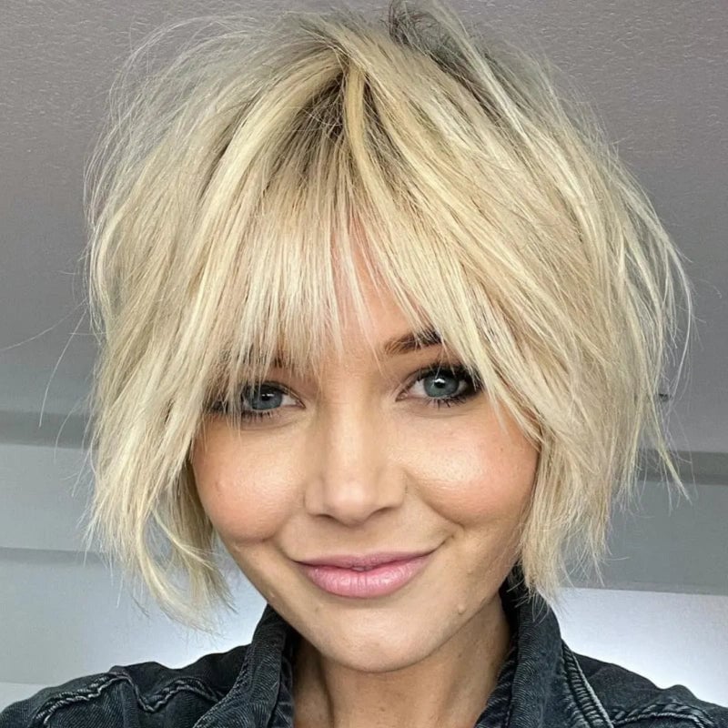 Shaggy Ash Blonde Bob With Full Textured Bangs — Short Bob