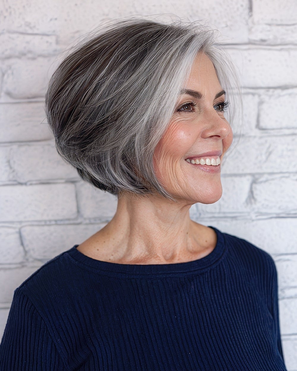 Layered Gray Bob Side Part No Bangs — Short Bob