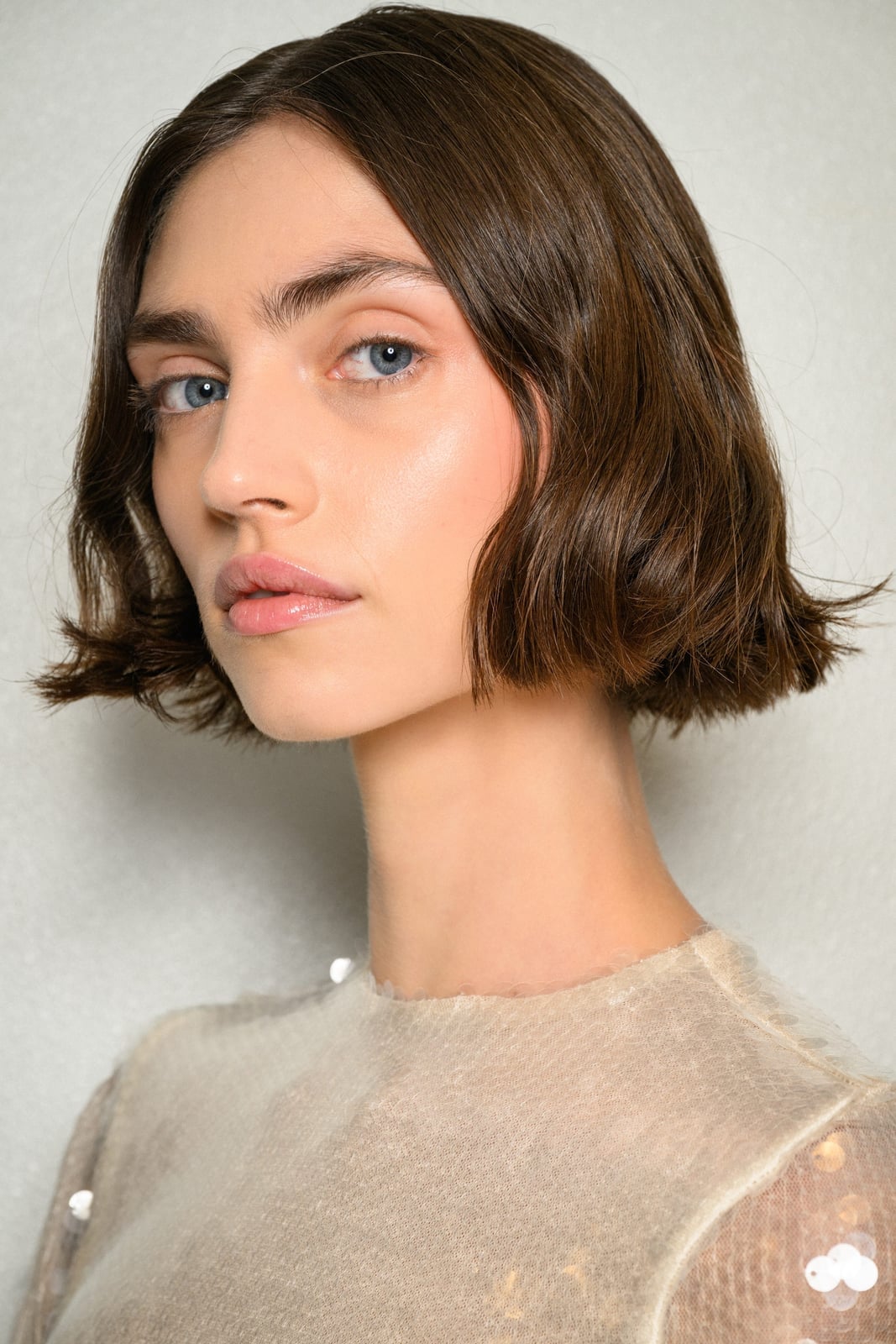 Blunt Bob Medium Brown Glossy Finish, Close-Up Take — Short Bob