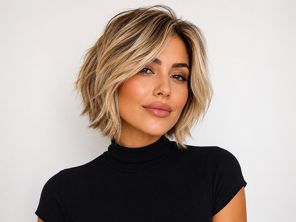 Textured Blonde Balayage Lob With Curtain Bangs — Short Haircuts