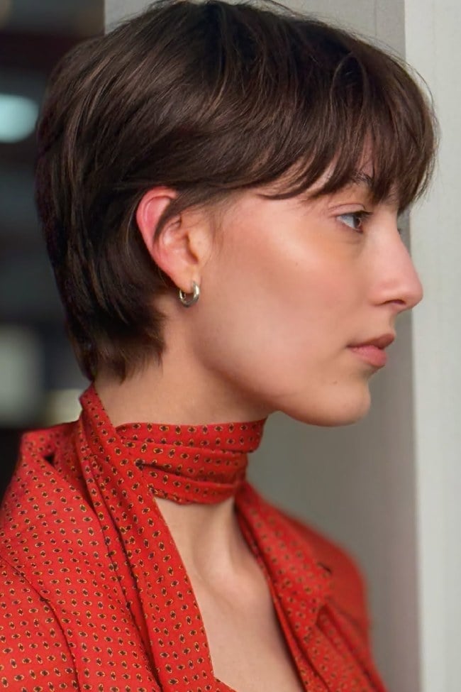 Textured Dark Brown Pixie With Curtain Bangs, A Woman With Fine — Short Haircuts