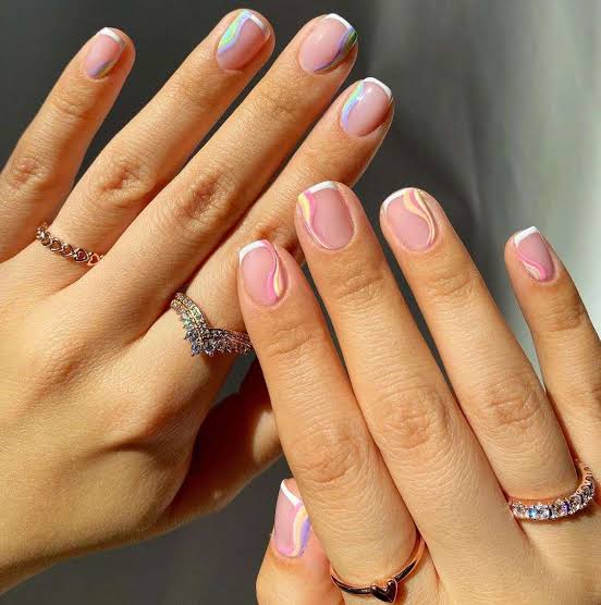 Pastel Rainbow Wavy French Short Almond Pastel Rainbow Wavy French Short Almond — Short Nails