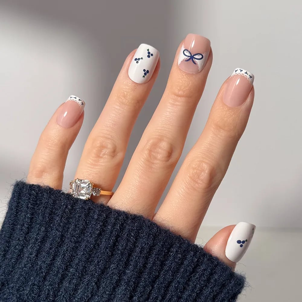 Blue Bow and Lace French Short Square, Close-Up Take Blue Bow and Lace French Short Square, Close-Up Take — Short Nails