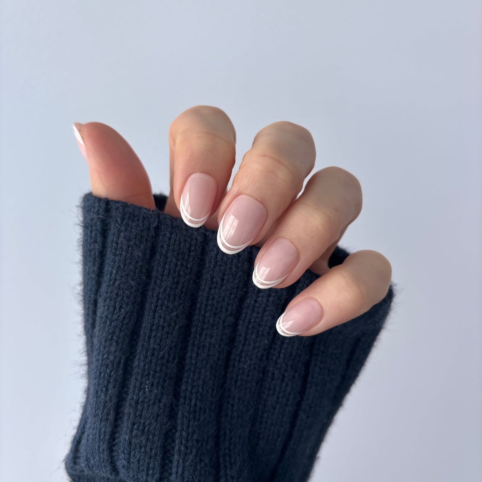 Nude Base Fine Black Line Art Short Oval Nails Nude Base Fine Black Line Art Short Oval Nails