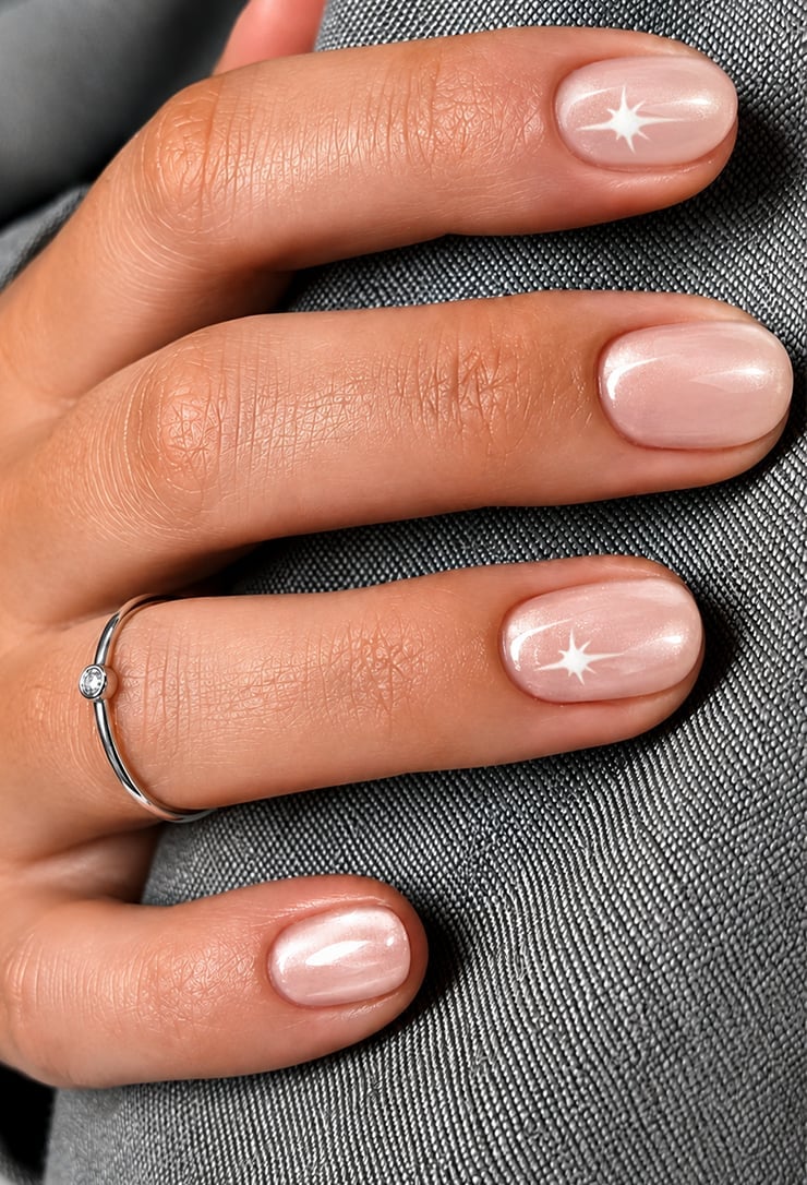Sheer Pale Pink Shimmer Starburst Short Oval Nails Sheer Pale Pink Shimmer Starburst Short Oval Nails