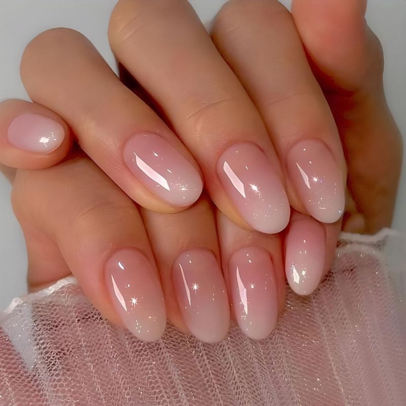 Shimmering Gradient Sheer Pink to White Short Oval Nails Shimmering Gradient Sheer Pink to White Short Oval Nails