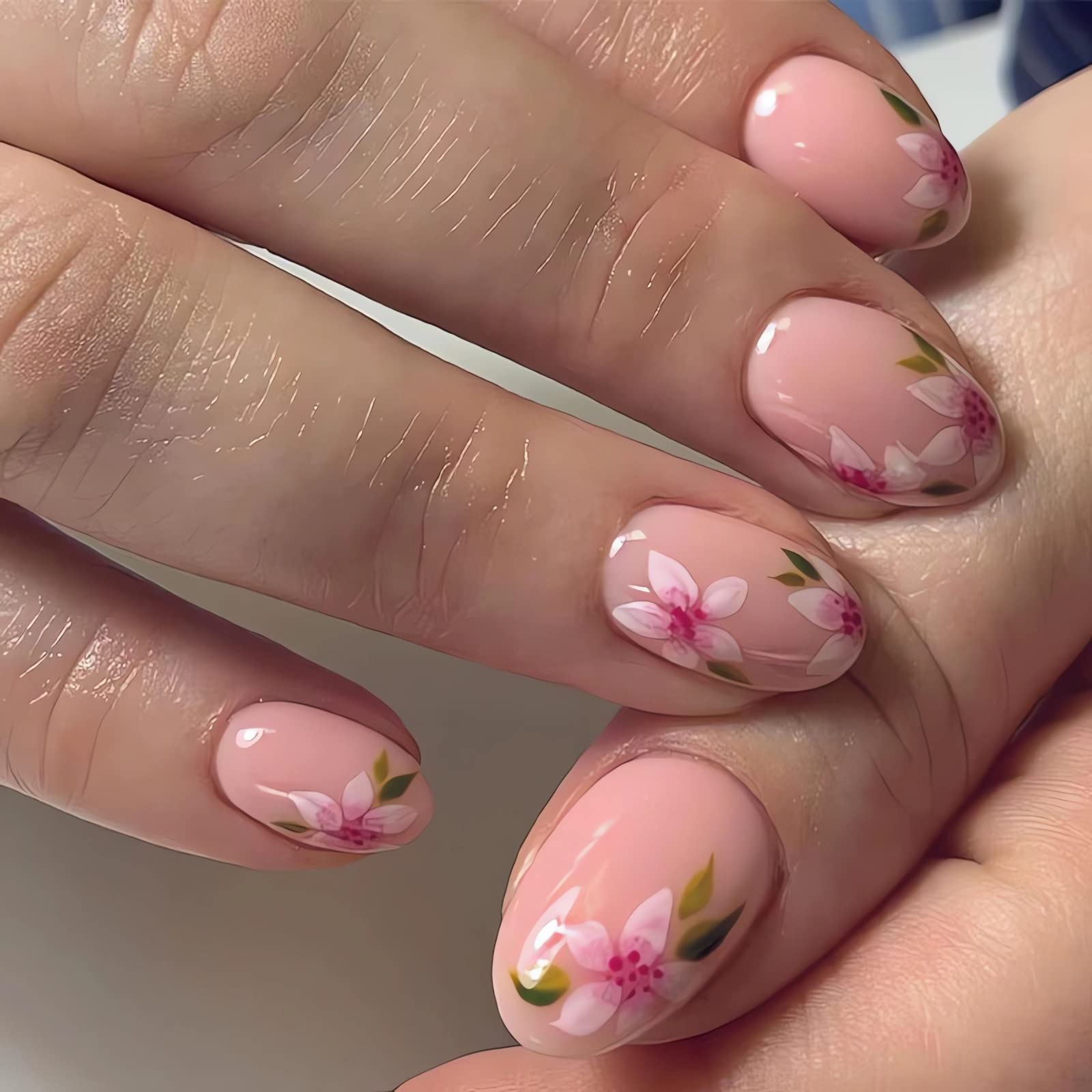 Milky Pink Floral Design Glossy Short Oval Nails Milky Pink Floral Design Glossy Short Oval Nails