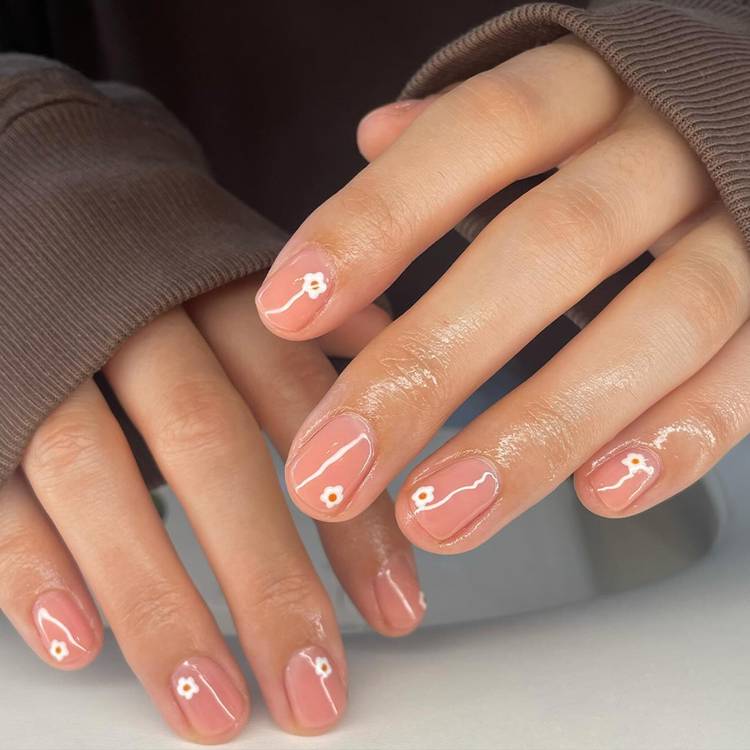 Dusty Rose Pink White Flower Short Oval Nails Dusty Rose Pink White Flower Short Oval Nails