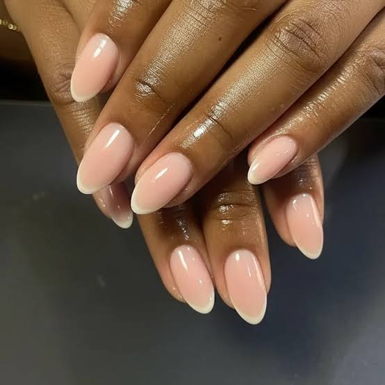 Sheer Pink Thin White French Tip Short Oval Nails, Close-Up Take Sheer Pink Thin White French Tip Short Oval Nails, Close-Up Take