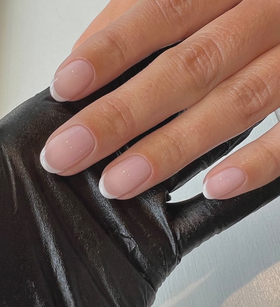 Sheer Pink Crisp White French Tip Short Oval Nails, Softer Variation Sheer Pink Crisp White French Tip Short Oval Nails, Softer Variation