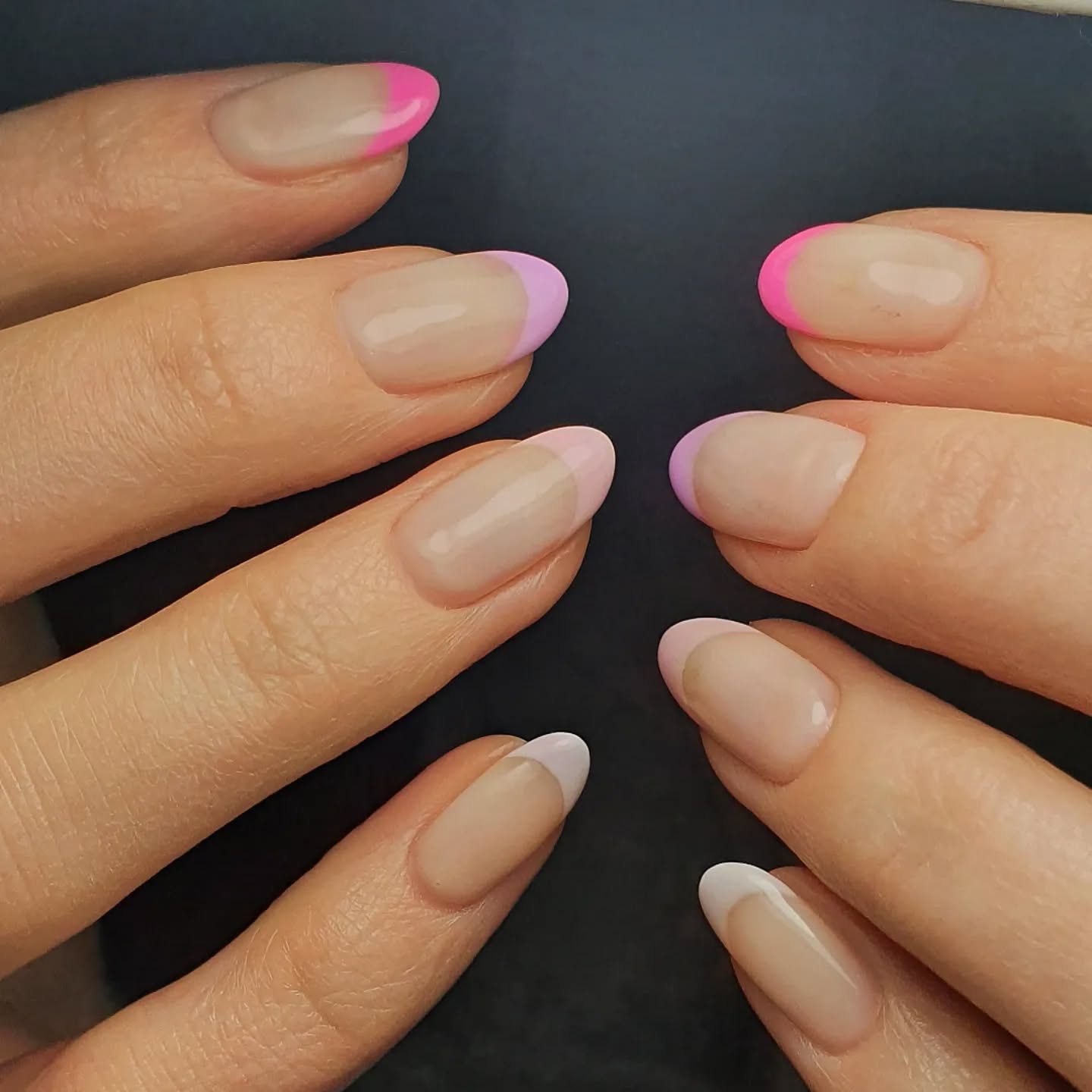 Sheer Nude Glossy Short Oval Nails, Colored French Tips Sheer Nude Glossy Short Oval Nails, Colored French Tips