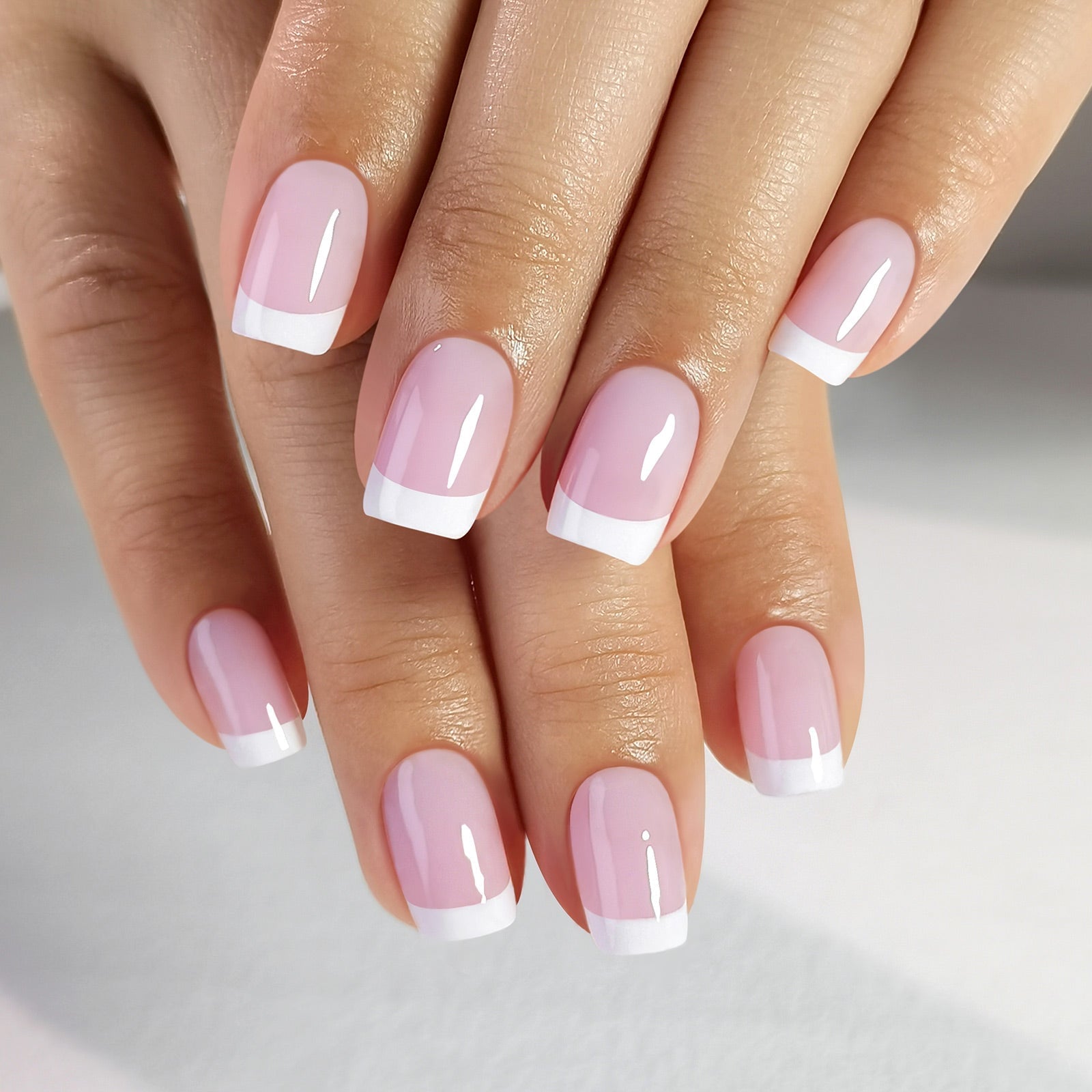 Short Square Glossy Pink Nude French Short Square Glossy Pink Nude French — Short Press On Nails
