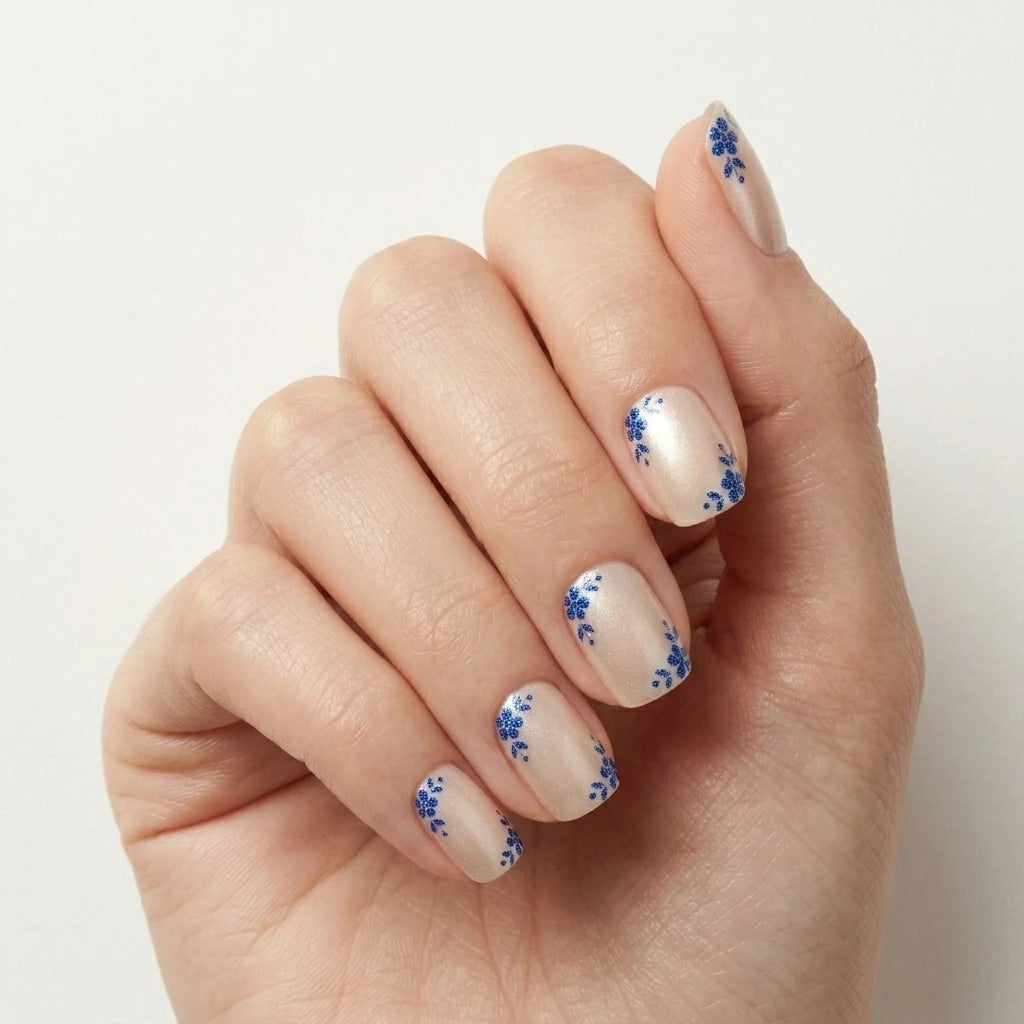 Short Square Shimmer Nude Floral Decals Short Square Shimmer Nude Floral Decals — Short Press On Nails
