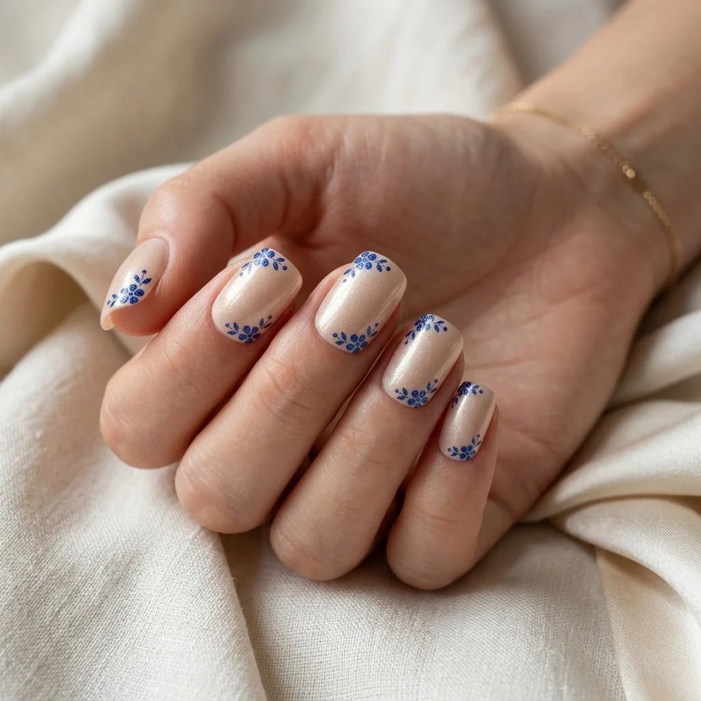 Short Square Pale Beige Blue Floral Art Short Square Pale Beige Blue Floral Art — Short Press On Nails