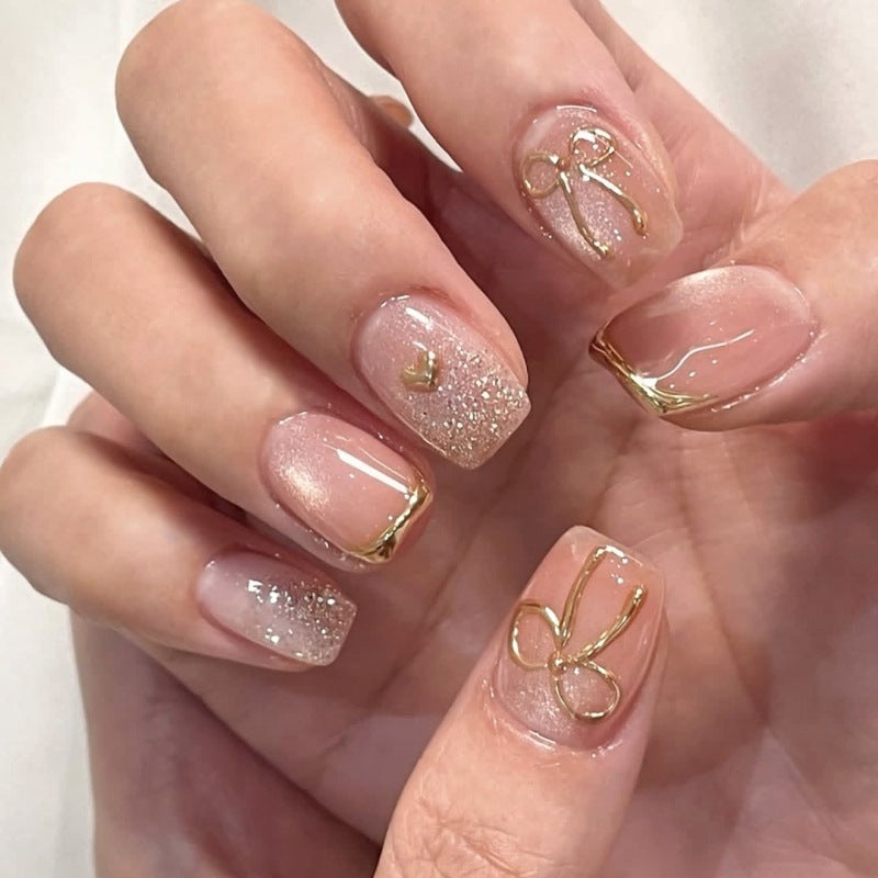 Short Square Gold 3D Bow Glitter Nails Short Square Gold 3D Bow Glitter Nails — Short Press On Nails