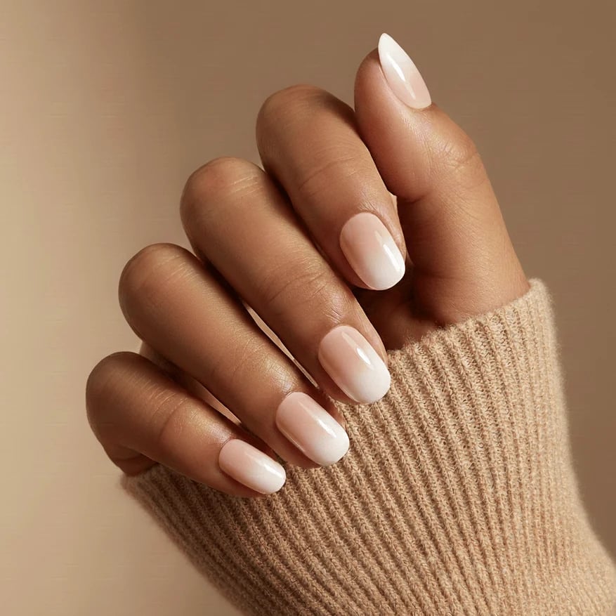 Short Oval Glossy Nude To White Ombre Short Oval Glossy Nude To White Ombre — Short Press On Nails