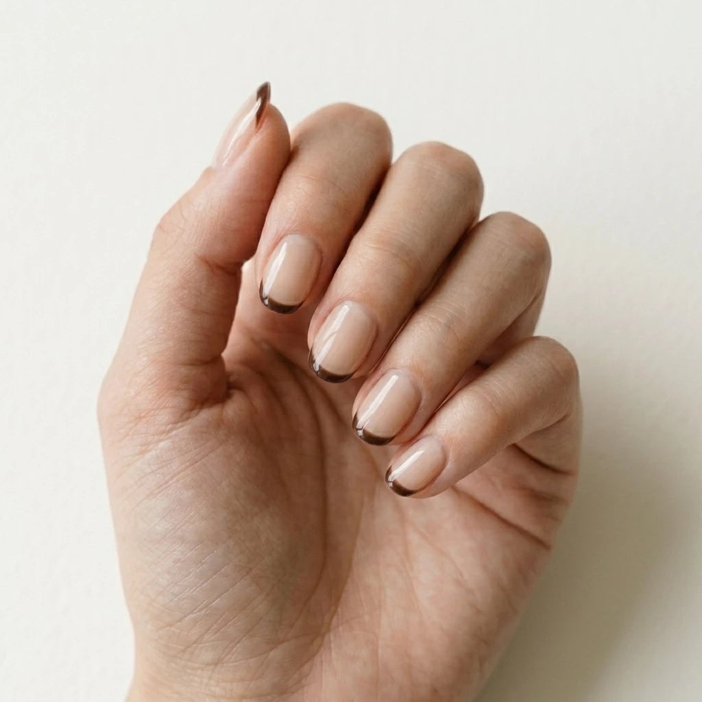 Short Almond Thin Brown French Tips Short Almond Thin Brown French Tips — Short Press On Nails