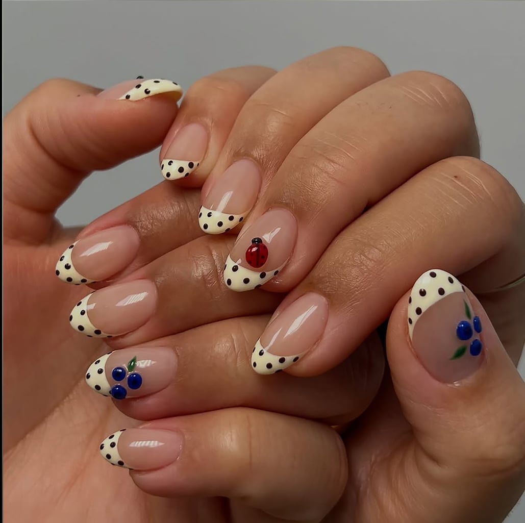Sheer Nude with White Polka Dots Short Oval Nails — Short Round Nails