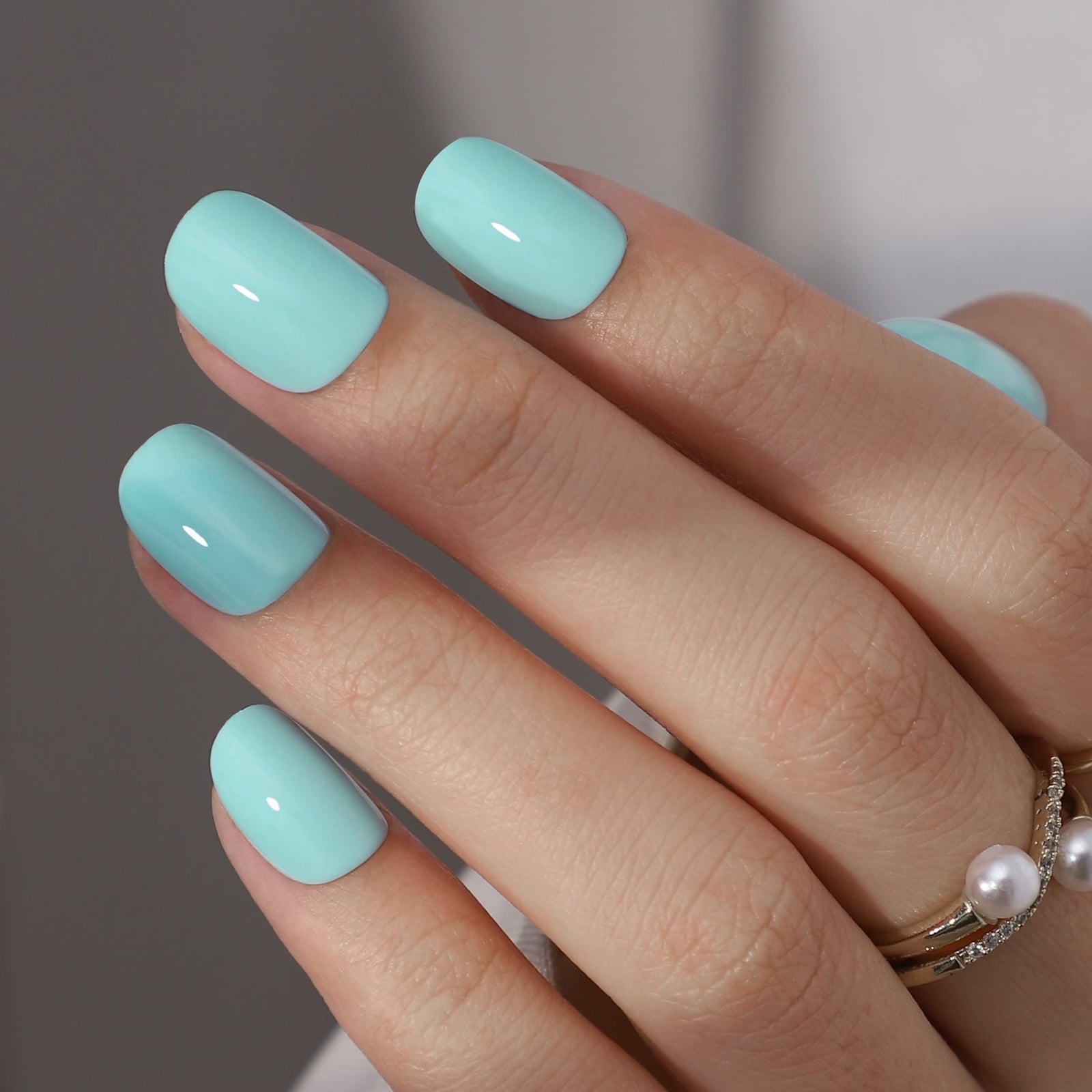 Light Teal Blue Glossy Short Squoval Nails — Short Round Nails