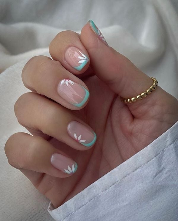 Teal French Tip Floral Accent Short Round Nails