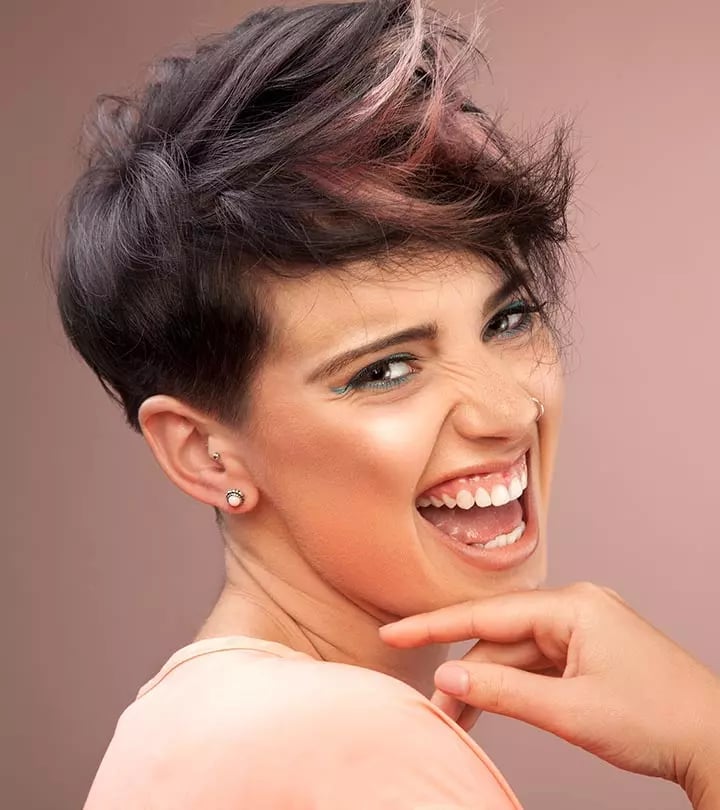Spiky Ear Length Shag With Pink And Blonde Highlights — Short Shag