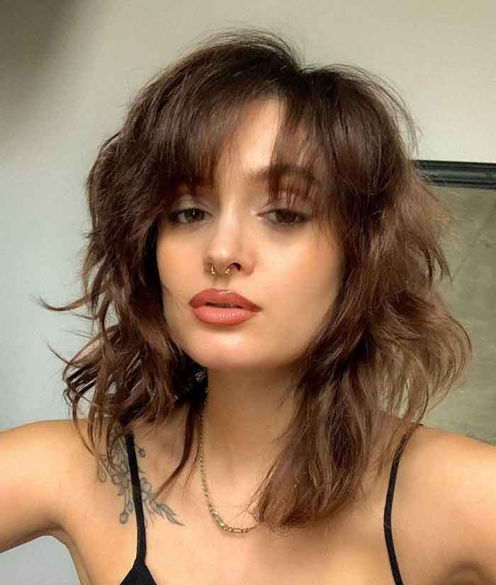 Medium Brown Shag With Wispy Bangs Medium Brown Shag With Wispy Bangs — Short Wolf Cut
