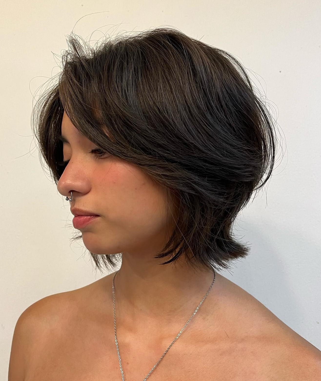 Dark Brown Wolf Cut With Face Framing Curtain Bangs Dark Brown Wolf Cut With Face Framing Curtain Bangs — Short Wolf Cut