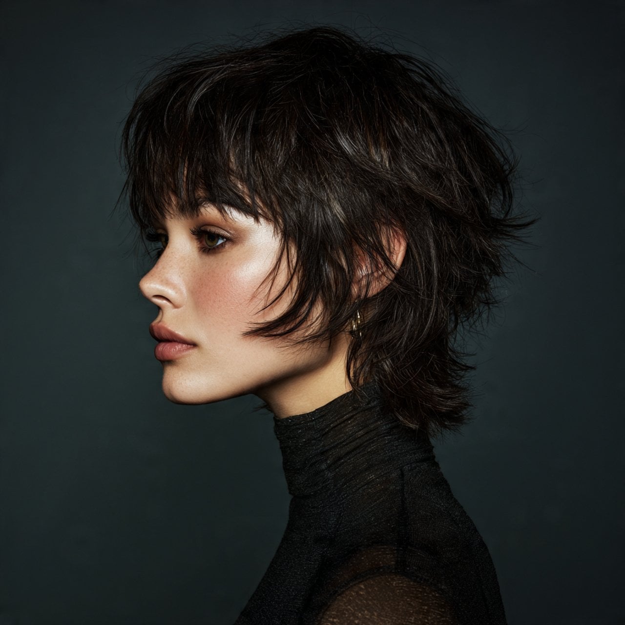 Dark Brown Wolf Cut With Choppy Bangs Dark Brown Wolf Cut With Choppy Bangs — Short Wolf Cut