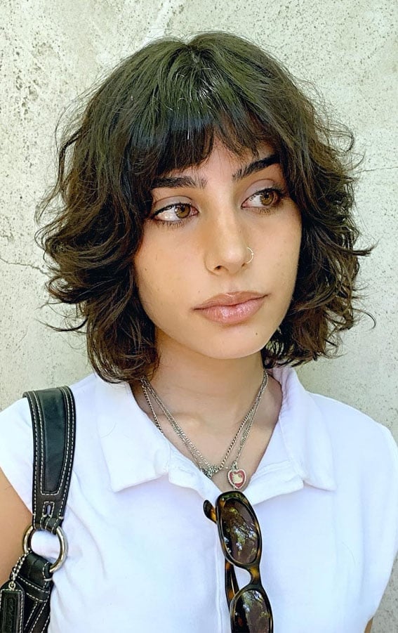 Dark Brown Wolf Cut With Textured Fringe, Chin Dark Brown Wolf Cut With Textured Fringe, Chin — Short Wolf Cut