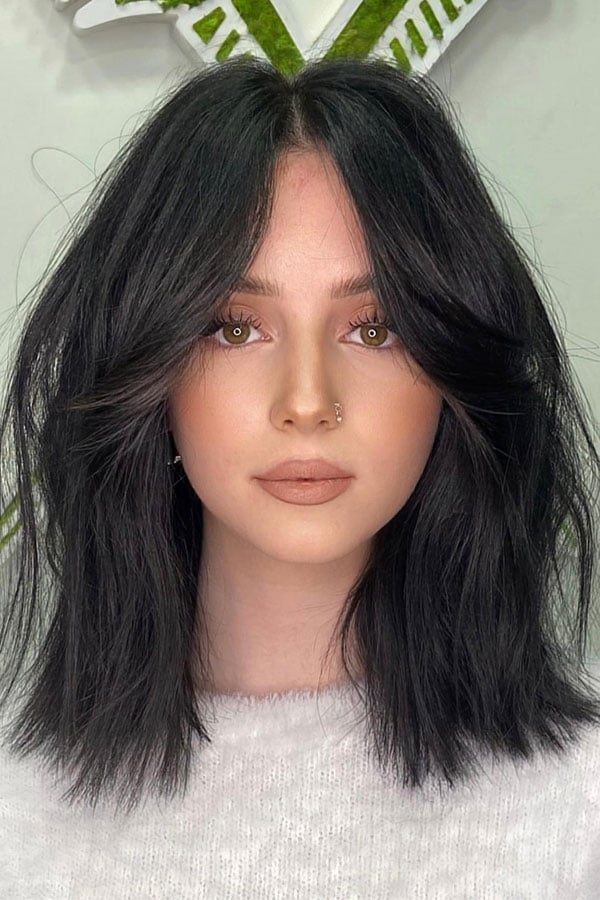 Jet Black Collarbone Cut With Curtain Bangs Jet Black Collarbone Cut With Curtain Bangs — Shoulder Length Haircuts