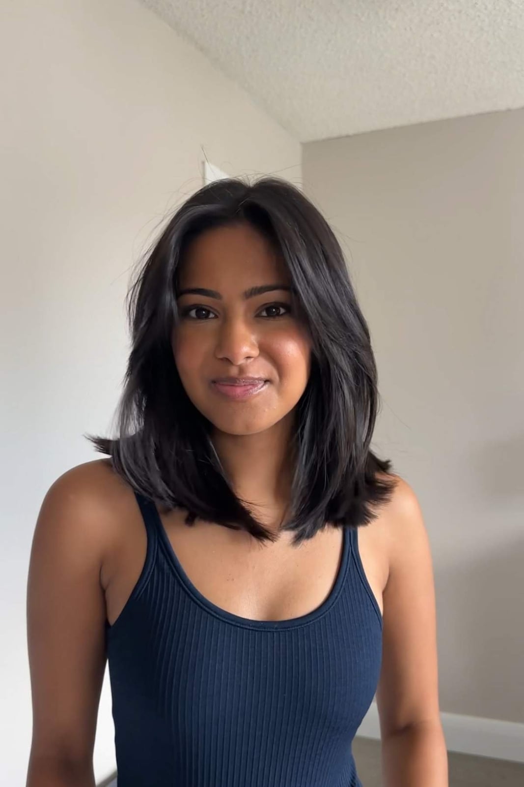 Dark Brown Shoulder Length With Face-Framing Layers, Close-Up Take Dark Brown Shoulder Length With Face-Framing Layers, Close-Up Take — Shoulder Length Haircuts