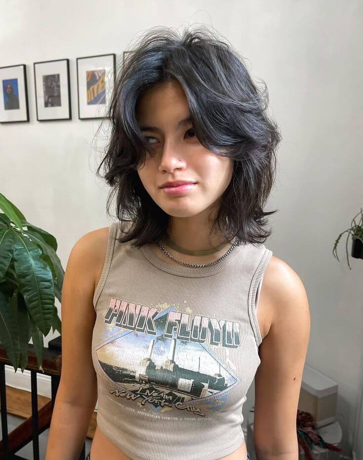 Dark Shag With Highlights And Curtain Bangs Dark Shag With Highlights And Curtain Bangs — Shoulder Length Haircuts