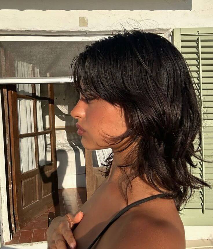 Dark Brown Shag With Curtain Bangs, Collarbone Dark Brown Shag With Curtain Bangs, Collarbone — Shoulder Length Haircuts