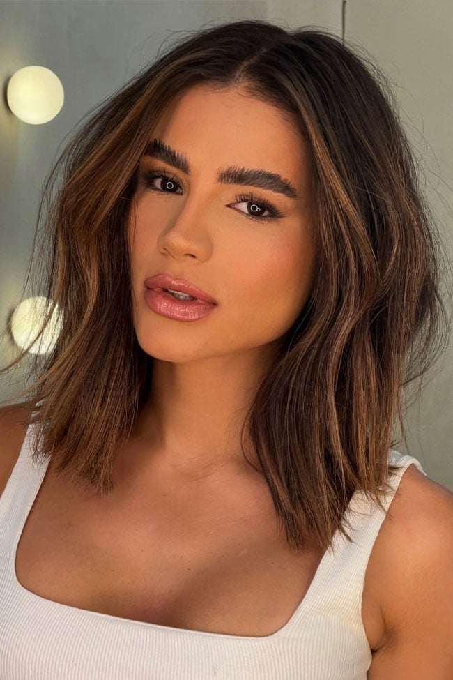 Dark Brown Lob With Balayage And Curtain Bangs Dark Brown Lob With Balayage And Curtain Bangs — Shoulder Length Haircuts